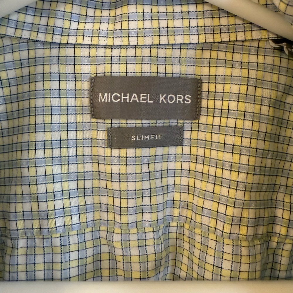Michael Kors Men's Yellow and Blue Plaid Slim Fit Shirt